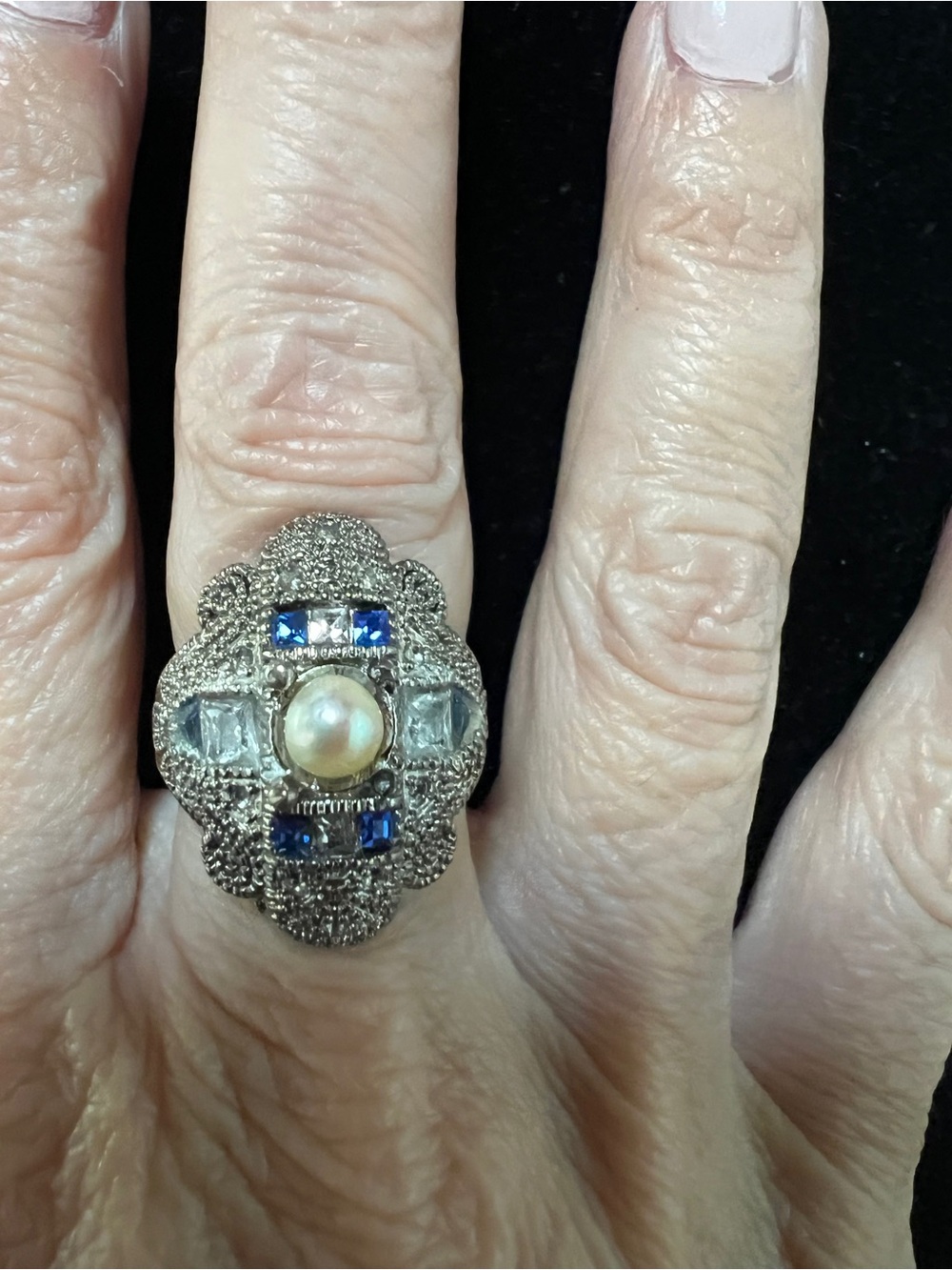 Vintage Marcasite Pearl and Sapphire-Tone Ornate Statement Ring - Picture 5 of 6